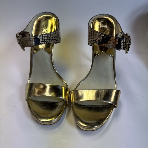 Michael Kors Odessa Snake Embossed Leather Platform Heel Size 8.5 Gold - Picture 1 of 8